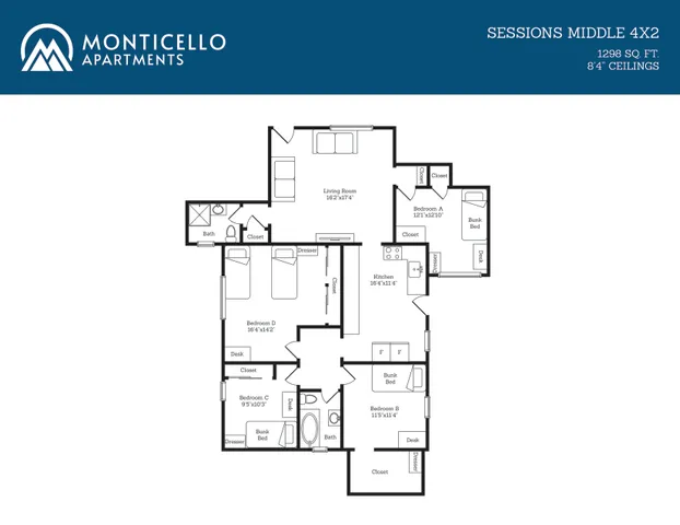 Monticello Apartments Sessions Middle 4x2 floor plan featuring 4 bedrooms, modern kitchen, spacious living room, and 2 bathrooms, covering 1298 sq ft with 8\'4 ceilings.