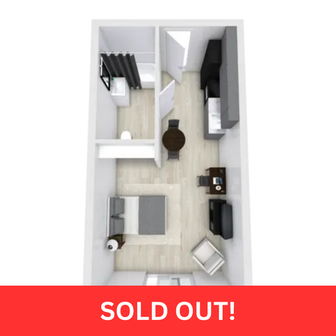 Chic and compact floor plan showcasing a cozy studio layout with a comfortable sleeping area, efficient kitchen, and modern bathroom. Perfect for urban living.