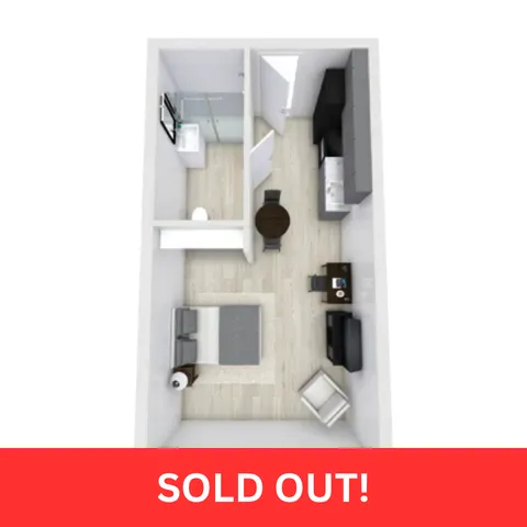 Modern 3D floor plan showcasing a compact studio apartment with a cozy living area, efficient kitchen, and snug bedroom space. Sold Out!