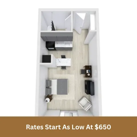 Modern studio apartment floor plan featuring a cozy living area, compact kitchen, and sleek bathroom. Rates start as low as $650.