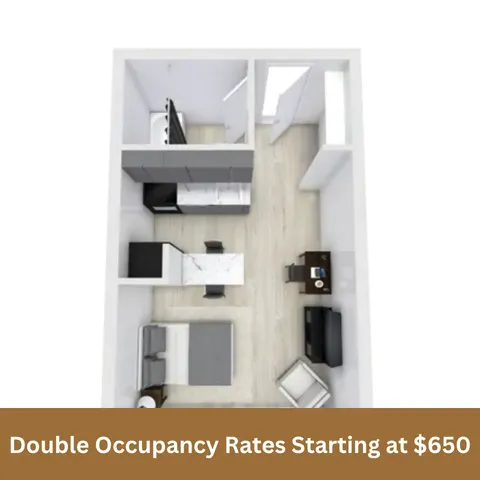 Modern 3D apartment layout featuring a cozy bedroom, sleek kitchen, stylish living area, and elegant bathroom. Affordable double occupancy rates starting at $650.