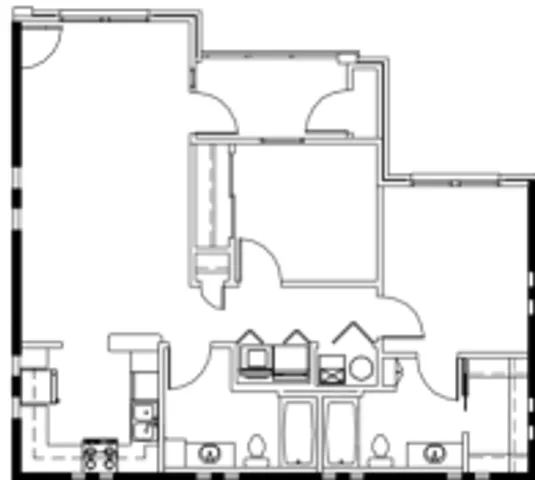 Chic floor plan showcasing 2 bedrooms, a modern kitchen, and an inviting living space.