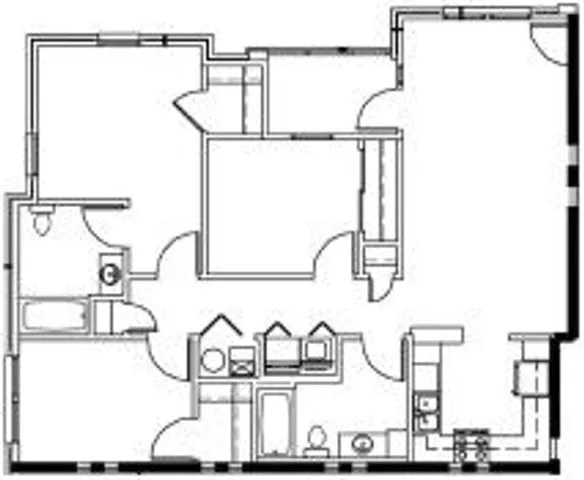 Chic floor plan with 3 bedrooms, expansive living room, and modern kitchen layout.