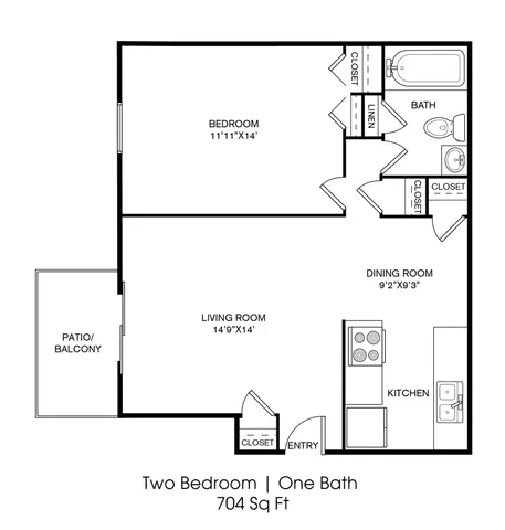 Modern 2 bedroom, 1 bath apartment floor plan featuring a spacious living room, cozy dining area, and private patio, spanning 704 sq ft.