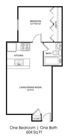 Contemporary 604 sq ft floor plan with one bedroom, spacious living/dining area, cozy kitchen, and a full bathroom.