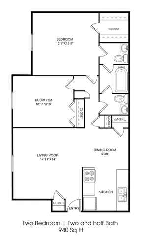 Modern 2-bedroom floor plan with spacious living room, cozy dining area, and two and a half baths in a 940 sq ft layout.