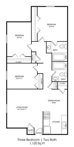 Inviting floor plan showcasing 3 cozy bedrooms, 2 modern baths, and a spacious living room with a functional kitchen layout, perfect for comfortable living, totaling 1,120 sq ft.