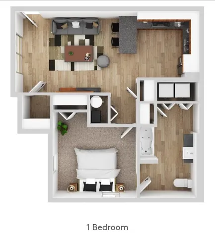 Modern 1-bedroom apartment floor plan with open-concept living and dining area, stylish kitchen, and spacious bathroom.