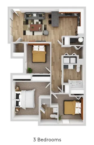 Modern 3-bedroom apartment floor plan featuring an open living area, contemporary kitchen, and two sleek bathrooms.