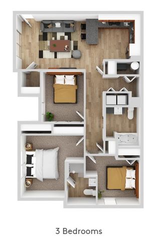 Modern 3-bedroom apartment floor plan with open-concept living space, sleek kitchen, and two bathrooms.