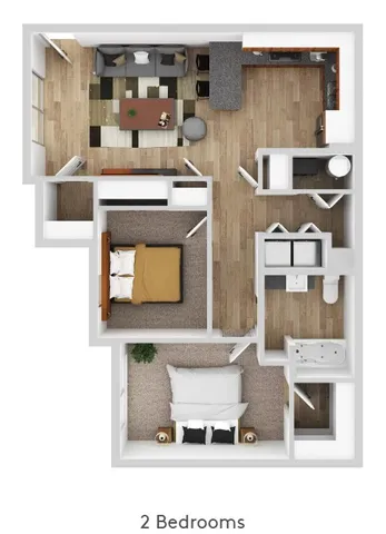Modern 2D floor plan featuring 2 comfortable bedrooms, an inviting open-plan living area, and a stylish kitchen with wood flooring.
