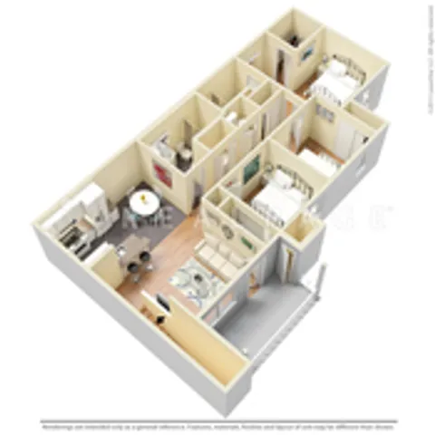 Modern 3D floor plan showcasing a cozy 2-bedroom apartment with an open-concept kitchen and living area, elegant dining space, and two bathrooms.