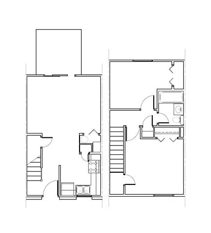 Modern floor plan showcasing a two-story design with two bedrooms, cozy living space, and a functional kitchen.