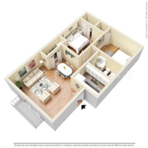 Charming 3D floor plan showcasing 2 cozy bedrooms, a light-filled living area, modern kitchen, and stylish dining space.