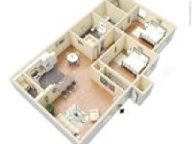 Modern 3D floor plan showcasing 3 bedrooms, elegant open kitchen, and cozy living area.