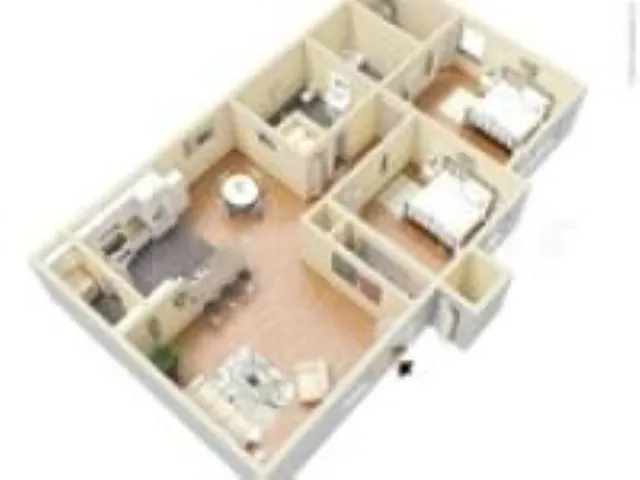 Bright, open 3D floor plan showcasing a modern apartment with two spacious bedrooms, a cozy living area, and a sleek kitchen.