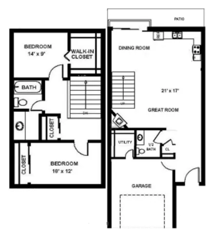Two Bedroom &middot; One and a Half Bathroom &middot; 1,250 Sq. Ft.  Two-bedroom townhomes featuring an attached private garage, wood-burning fireplace, private patio or deck, and upscale finishes like backlit bathroom mirrors, mosaic backsplashes, under-cabinet lighting, and granite countertops.