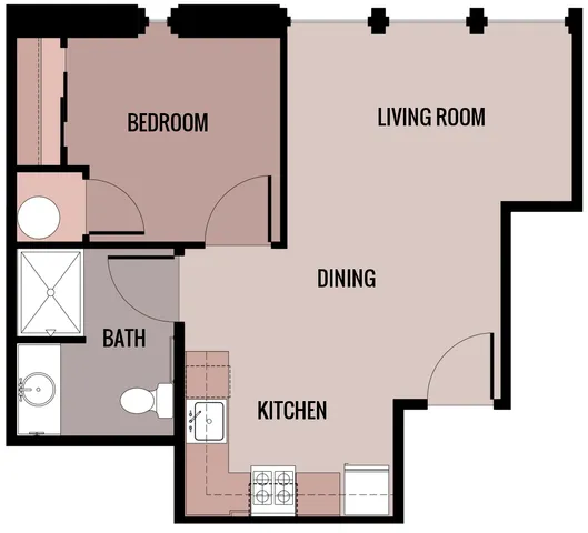 Modern floor plan showcasing a spacious living room, cozy bedroom, efficient kitchen, dining area, and elegant bathroom.