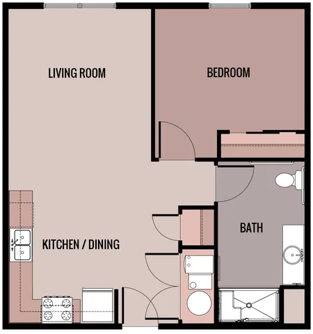 Modern one-bedroom apartment floor plan with open kitchen, dining area, spacious living room, and elegant bathroom layout.