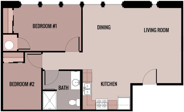 Inviting floor plan with 2 bedrooms, a modern kitchen, and an open dining and living area ideal for entertaining.
