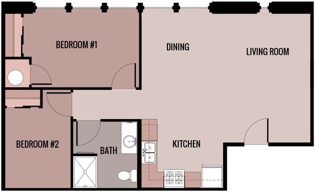 Charming floor plan featuring 2 cozy bedrooms, a convenient bath, and an open kitchen adjoining a spacious dining and living room.