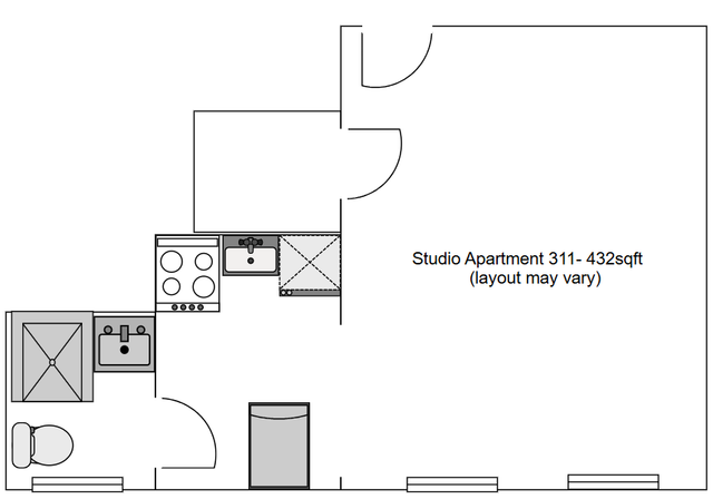 Cozy studio apartment floor plan with efficient kitchen and bathroom layout, perfect for maximizing 311-432 sqft space.