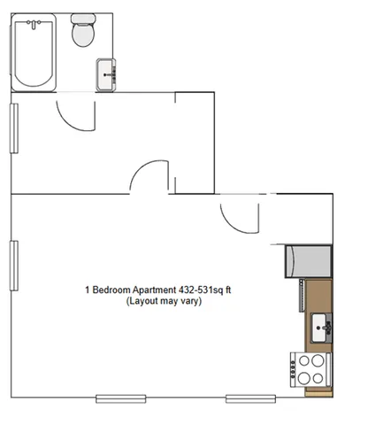 Cozy 1-bedroom apartment floor plan with efficient design, featuring a compact kitchen and bathroom, 432-531 sq ft.
