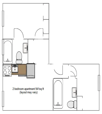 Sleek 2D floor plan of a 941 sq ft apartment showcasing 2 bedrooms, modern kitchen, and dual bathrooms for comfortable living.