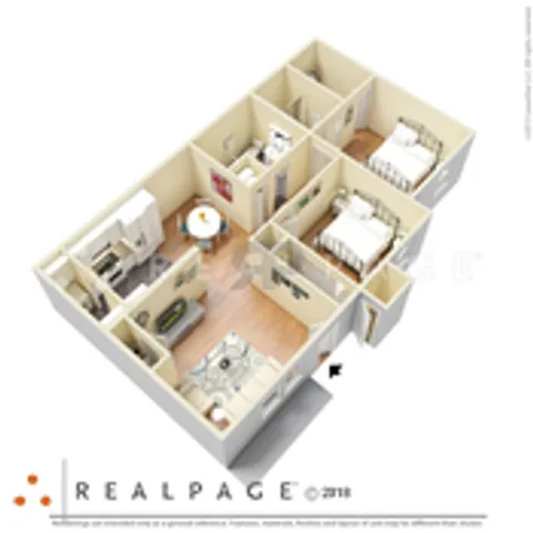 Inviting 3D floor plan showcasing two bedrooms, a cozy living area, and a modern kitchen, perfect for comfortable living.