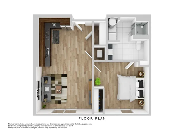 Modern floor plan featuring a spacious bedroom, open-concept kitchen, and cozy living area, with a sleek bathroom layout.