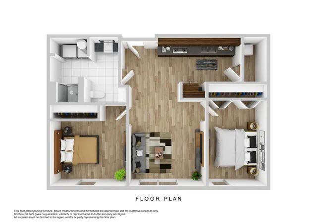 Modern 3D floor plan showcasing 2 bedrooms, stylish open living area, and a sleek kitchen with island seating.