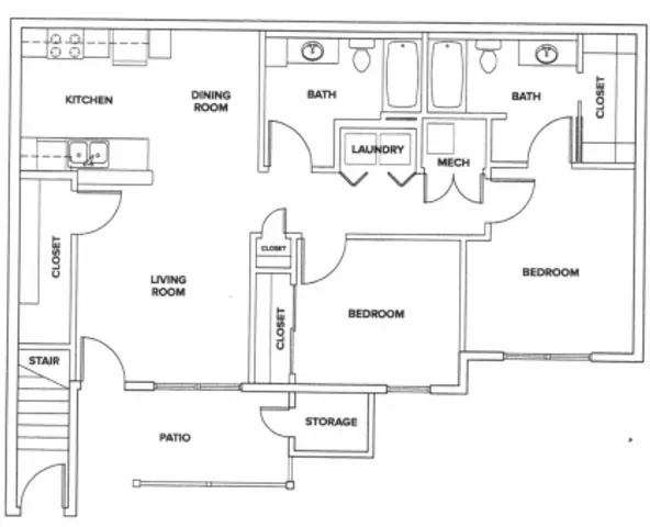 Modern floor plan featuring 2 bedrooms, 2 baths, open kitchen with dining room, and spacious living room with patio access.