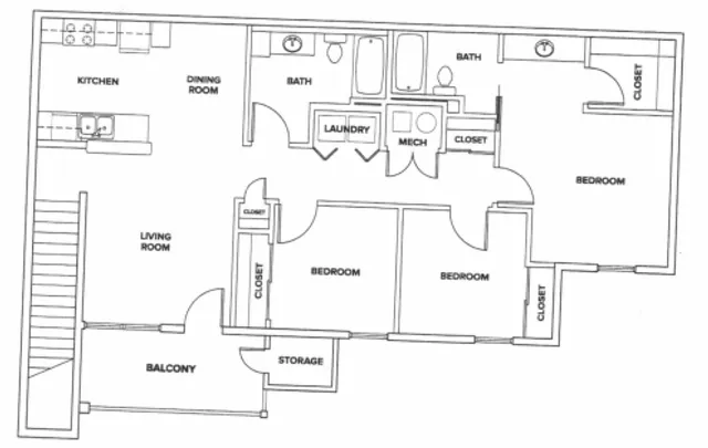 Spacious floor plan featuring 3 bedrooms, 2 bathrooms, open living room, dining area, modern kitchen, balcony, and ample storage space.