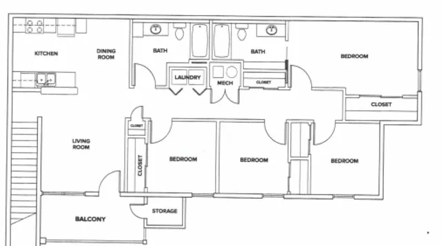 Spacious floor plan showcasing 4 bedrooms, modern kitchen, open dining area, and cozy living room with access to a private balcony.