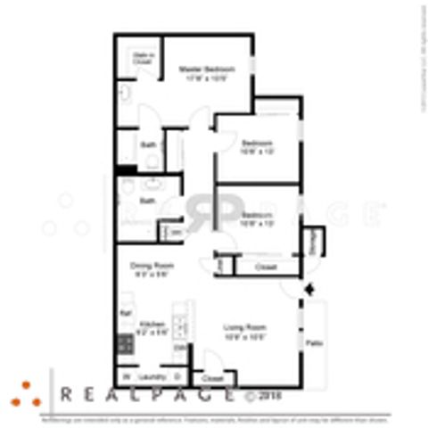 Modern floor plan featuring a master bedroom with en-suite bath, two additional bedrooms, open dining area, and kitchen connected to a spacious living room with patio access.