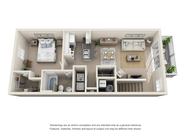 Modern 3D floor plan showcasing a cozy one-bedroom apartment with an inviting living area, contemporary kitchen, and private balcony access.