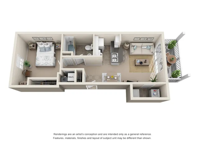 Charming 3D floor plan showcasing 1 bedroom apartment with modern kitchen, cozy living area, and a private balcony space.