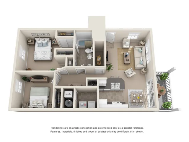 Modern 3D floor plan showcasing 2 bedrooms, a cozy living room, open kitchen, and balcony area, designed for comfortable urban living.