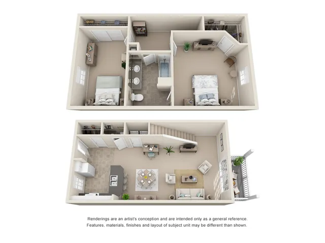 Modern two-story floor plan showcasing 2 bedrooms, a cozy living area, stylish open kitchen, and a private balcony.
