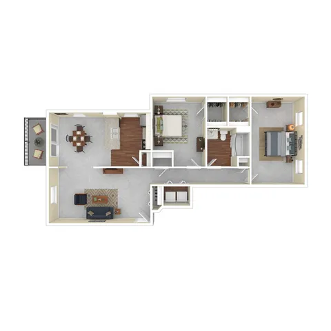 Modern 3D floor plan featuring two bedrooms, an inviting living room, a dining area, a balcony, and a well-equipped kitchen.