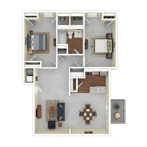 Chic floor plan with 2 bedrooms, elegant living space, modern kitchen, and cozy balcony for stylish living.