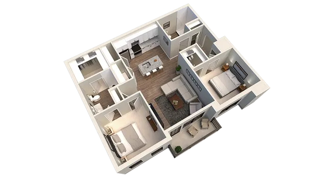 Modern 3D floor plan showcasing two cozy bedrooms, an open living area with sleek kitchen, and a stylish balcony.