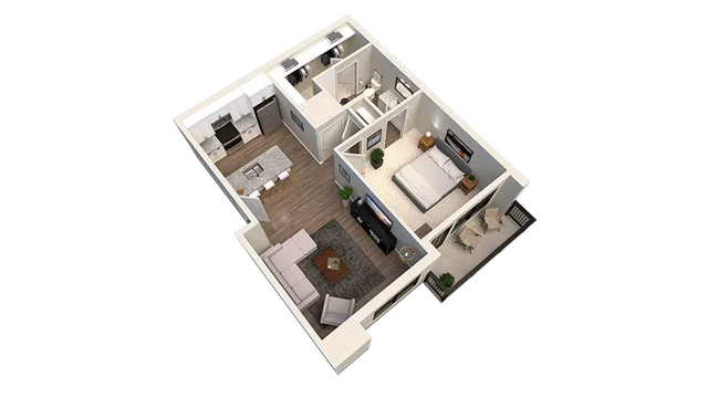 Modern 3D apartment layout showcasing a cozy bedroom, open kitchen with island, and inviting living room.