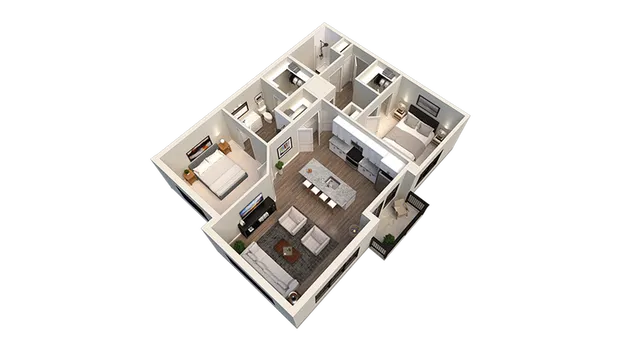 Modern 3D apartment layout showcasing two cozy bedrooms, a stylish open-plan living and dining area, and a sleek kitchen space.