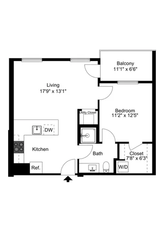 Modern 1-bedroom floor plan featuring a spacious living area, open kitchen, and private balcony.