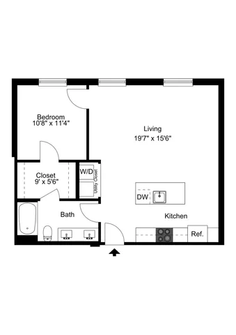 Modern 1-bedroom apartment floor plan with a spacious living area, convenient kitchen, and elegant bathroom, featuring ample closet and utility spaces.