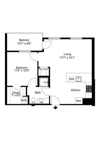 Modern apartment floor plan featuring 1 bedroom, a spacious living area, and a cozy balcony, perfect for urban living.