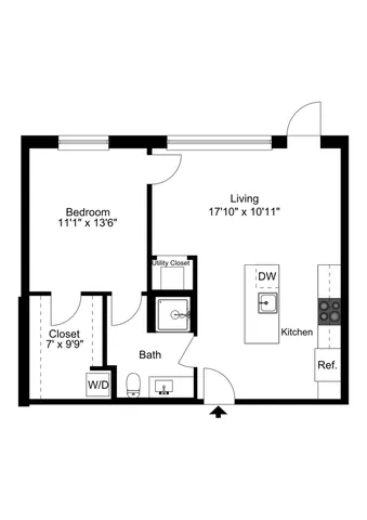 Modern 1-bedroom apartment floor plan featuring open living area, stylish kitchen, spacious closet, and convenient utility space.