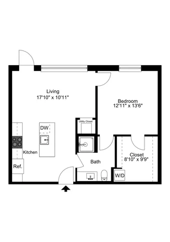 Modern 2D floor plan featuring an open living area, sleek kitchen, and a spacious bedroom with generous closet space.