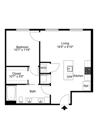 Modern 2D floor plan featuring a spacious bedroom, open living space, and a functional kitchen with integrated appliances, ideal for contemporary living.